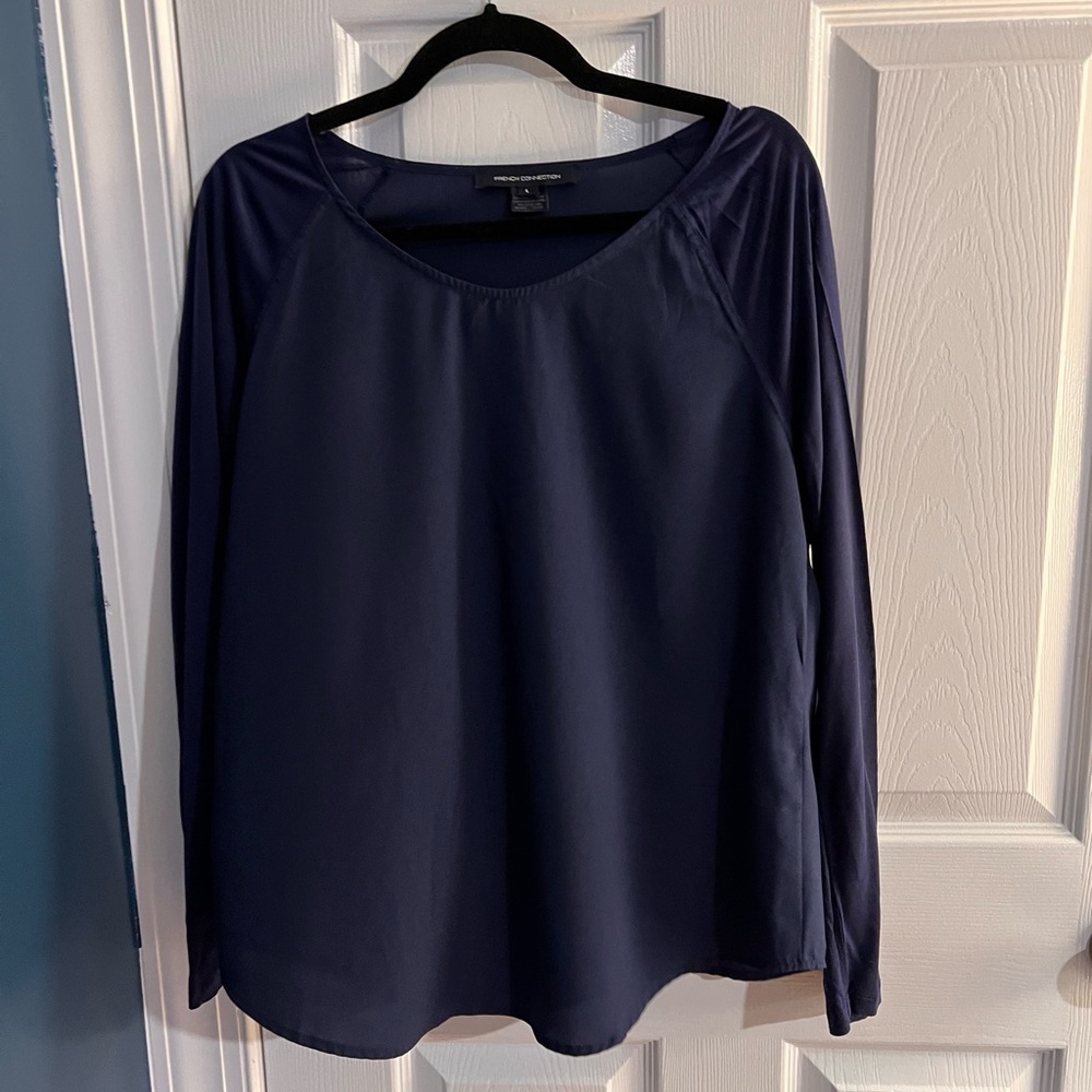 French Connection flowy long sleeve top (navy), size L